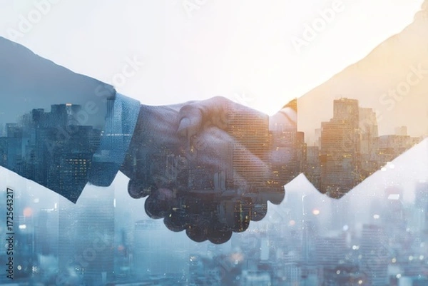 Obraz Business people handshake on city office building background in double exposure image showing success of partnership business deal. Concept of work agreement, trust partner, and corporate teamwork.