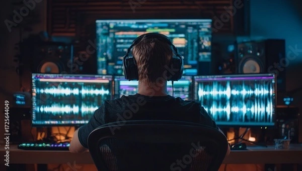 Obraz Focused sound engineer meticulously crafting audio masterpieces on multiple monitors in a dimly lit, modern studio environment, headphones on, immersed in the creative process