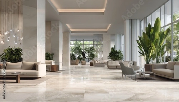 Obraz Luxurious modern hotel lobby interior bathed in natural light, featuring elegant marble floors, plush seating, and vibrant indoor plants creating a serene ambiance