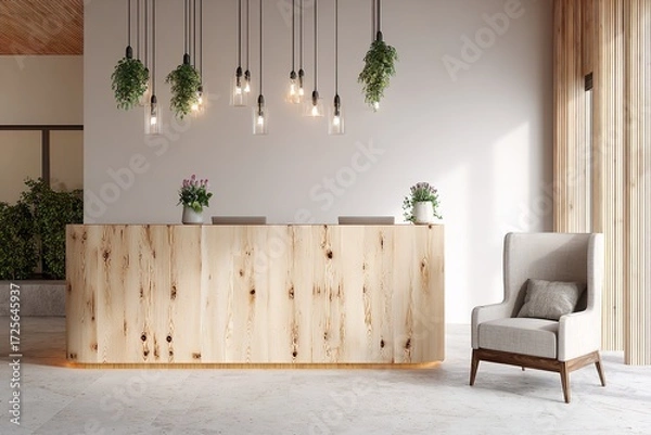 Obraz Inviting modern reception desk with natural wood and hanging plants creates a warm, welcoming atmosphere for any business