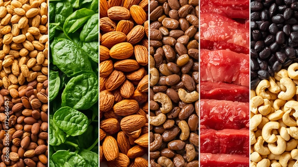 Fototapeta Balanced diet top view compartments with beans, nuts, meat and greens background