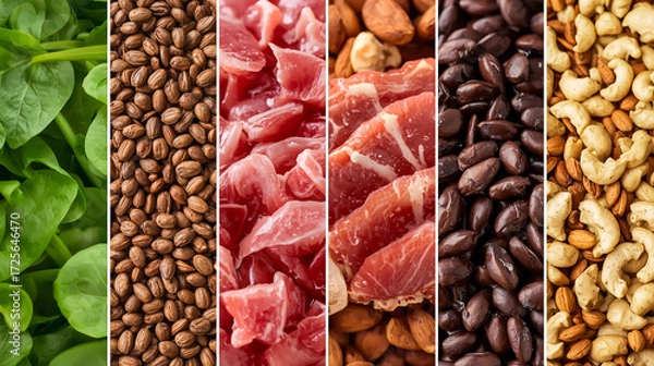Fototapeta Balanced diet background, beans, nuts, meat and greens 