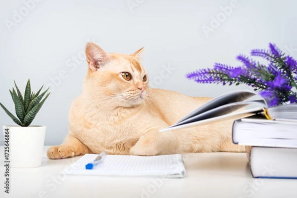 Fototapeta A Burmese cat with books and a notebook on the table is a smart pet at home.