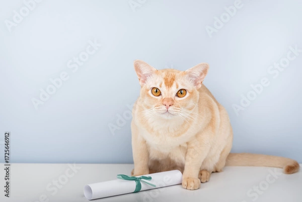 Fototapeta Burmese cat with a paper scroll on a light blue background
