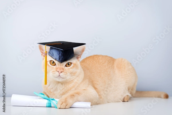 Fototapeta A Burmese cat wearing an academic cap and holding a diploma is a symbol of education and graduation.