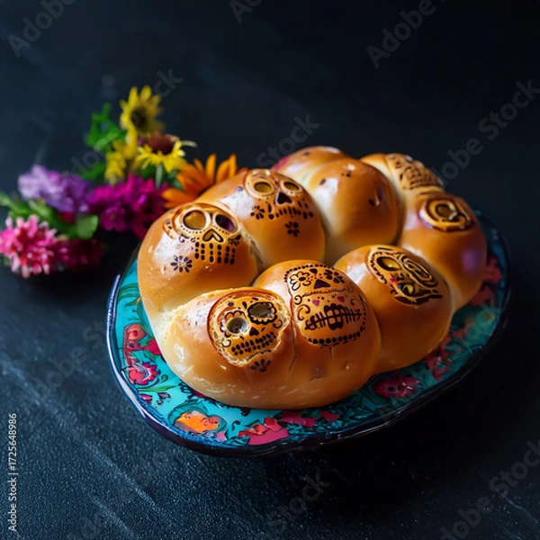 Fototapeta Día de los Muertos Decoration - Traditional Pan de Muerto with Sugar Skull Decoration Template