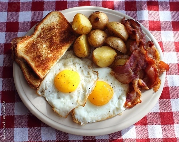 Obraz Savor a hearty, delicious breakfast plate featuring perfectly fried eggs, crispy bacon, golden roasted potatoes, and toasted bread, ready to fuel your day with incredible flavor