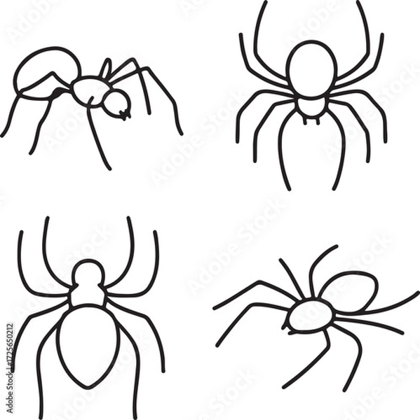 Fototapeta spider line art silhouette icons set side, front, back, and top views vector art illustration