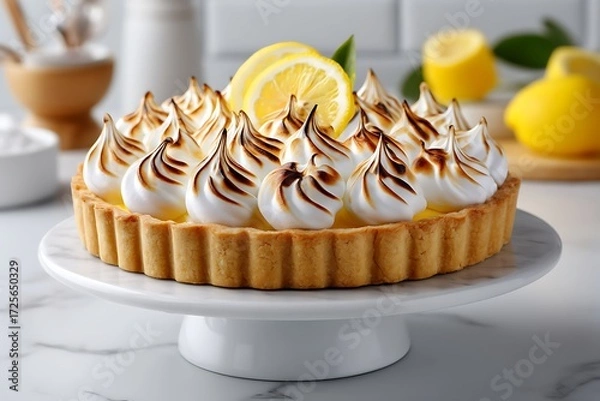 Fototapeta Lemon meringue pie recipe captured from a top view in a bright kitchen setting, showcasing culinary delight for all occasions.