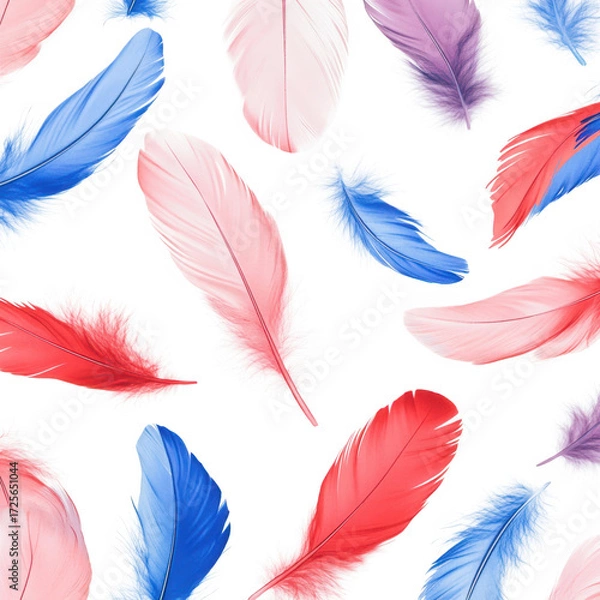 Fototapeta A arrangement of colorful feathers in shades of red. blue. pink. and purple scattered across a clean white background. ideal for use in design projects or decorative themes