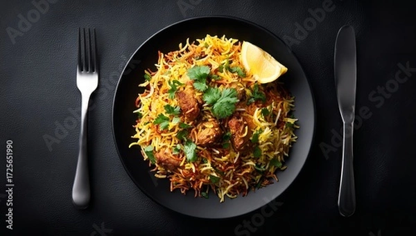 Obraz Savor the exquisite flavors of aromatic chicken biryani beautifully presented with fresh cilantro and a lemon wedge, ready for a delightful meal experience