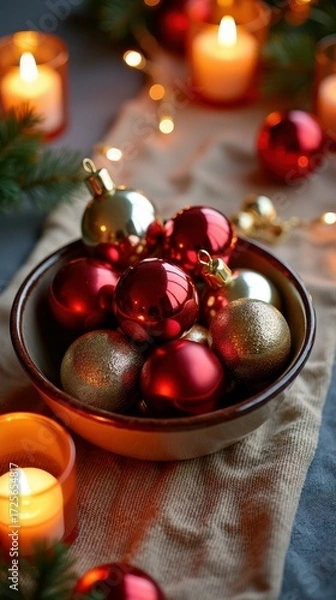 Fototapeta Festive bowl of red and gold christmas ornaments with lit candles and pine branches