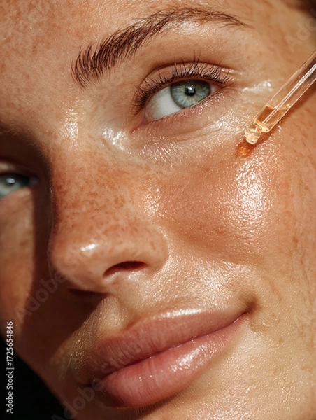 Obraz Girl doing skincare with hydrating serum close up