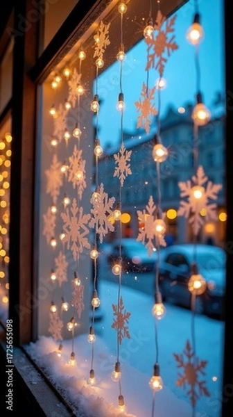 Fototapeta Cozy winter window with snowflake lights and snowy street scene