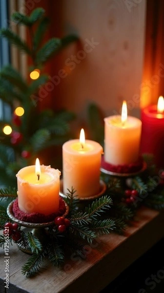 Fototapeta Festive christmas candles illuminating a cozy holiday setting with greenery and red berries