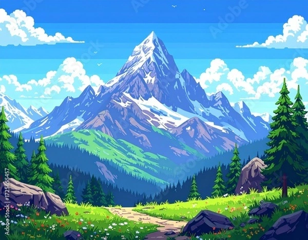 Fototapeta A beautiful pixel art landscape featuring a majestic snow-capped mountain and a serene valley path leading to adventure