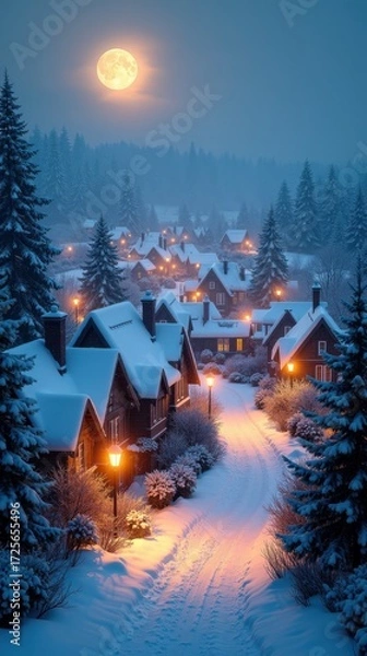 Fototapeta Tranquil winter village under full moon with snow-covered cabins and pine trees