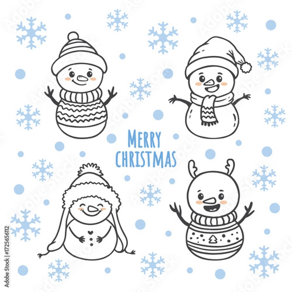 Fototapeta set of cartoon christmas snowman in doodle style. Funny snowman wearing hat, scarf on white background.  Xmas card. Vector illustration