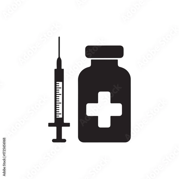 Fototapeta Vector art of black silhouette of a medical vial with a cross symbol and a syringe silhouette