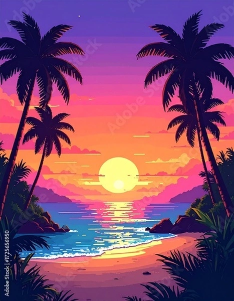 Fototapeta Tropical Sunset Beach Paradise with Palm Trees and Warm Colors