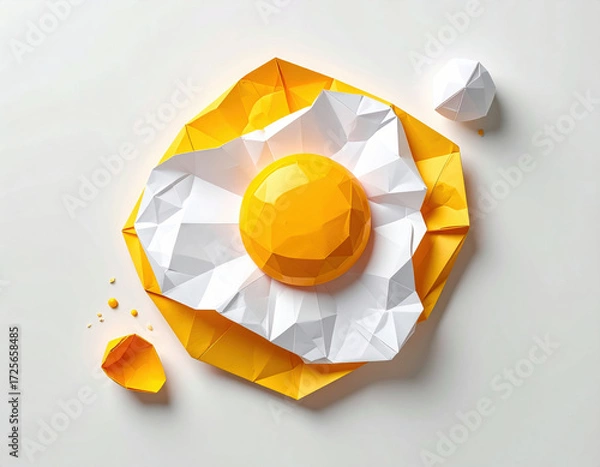 Fototapeta Sunny egg fried egg origami paper art flat design yellow white breakfast minimal geometric delight with crisp folds and glossy yolk on clean background playful modern kitchen decor vibe