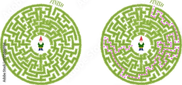 Fototapeta Help the garden gnome to leave the open air round labyrinth made of garden bushes and grass. Education logic game for kids, preschool and school pupils isolated on white.