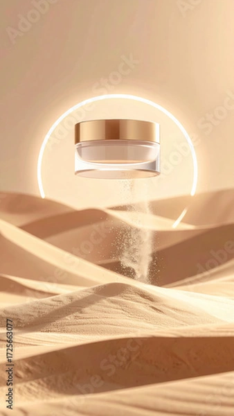 Fototapeta Floating skincare jar anti gravity sand soft halo light minimal design gold lid glass container clean beauty desert dune warm glow product mockup with calm vibe