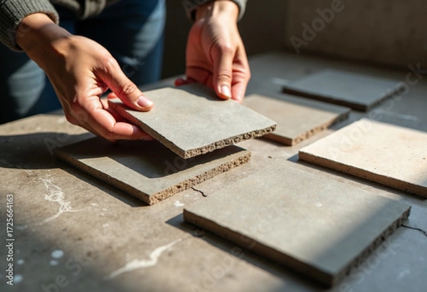 Obraz Hands of a young Asian man arranging concrete tiles on a work surface. The scene showcases a construction or renovation project with various tile pieces.