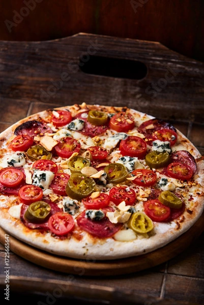Fototapeta Pizza with salami, jalapeno pepper, cherry tomatoes and mozzarella cheese. Soft focus.	