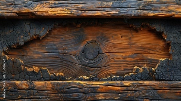 Fototapeta Weathered wood texture with charred edges and a knot