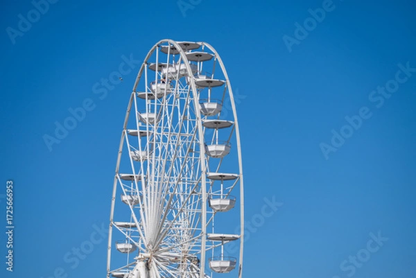Fototapeta A towering white Ferris wheel with evenly spaced cabins rises against a clear blue sky as a bird soars nearby.