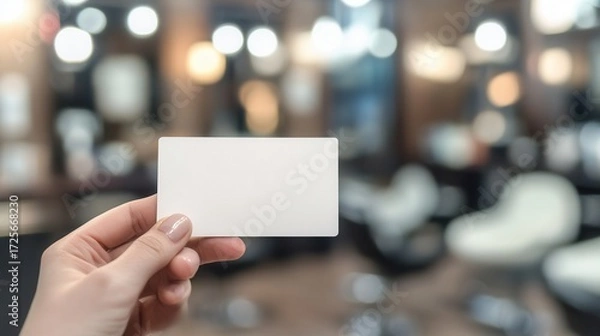 Fototapeta Hand holding a blank business card in a salon setting