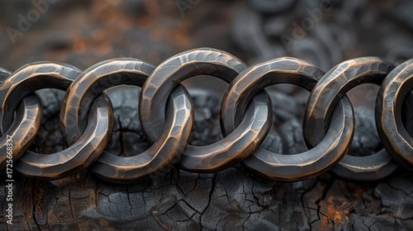 Fototapeta Close-up of a rustic metal chain resting on charred wood.