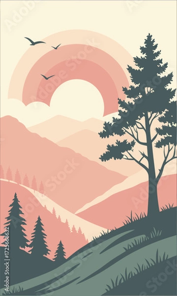 Fototapeta Serene mountain vista at sunset with birds in flight, a peaceful and inspiring landscape perfect for travel, adventure and nature enthusiasts