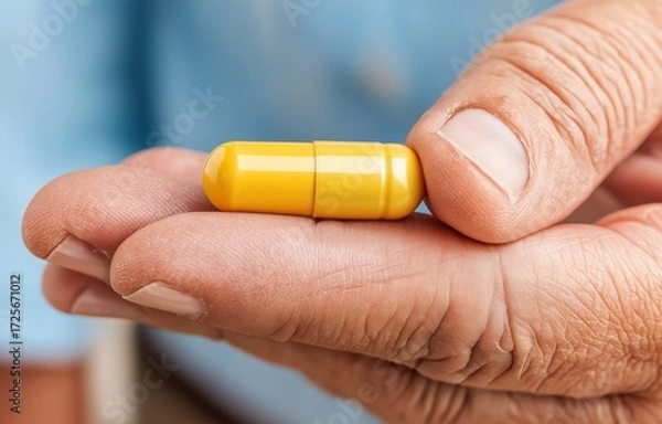 Fototapeta Man displays yellow aging capsule under industrial lighting in close-up setting