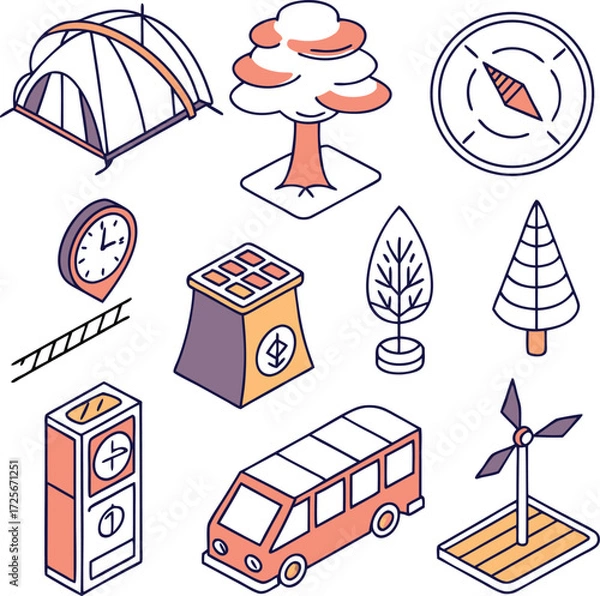 Fototapeta Explore sustainable living with this charming isometric icon set perfect for environmental campaigns and promoting eco-friendly travel and energy solutions