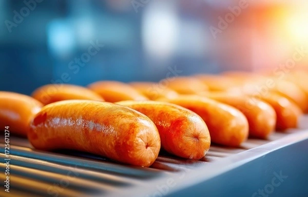 Fototapeta Quality sausages on assembly line during food production in a factory setting