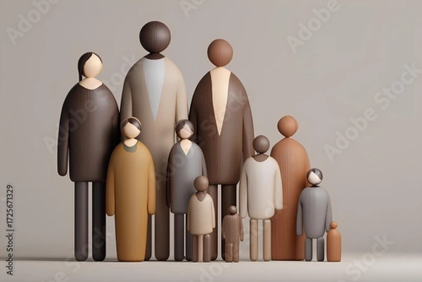 Fototapeta Wooden children's toy figures in various shapes and sizes, showcasing a playful design with warm colors and smooth textures, ideal for imaginative play and early learning experiences