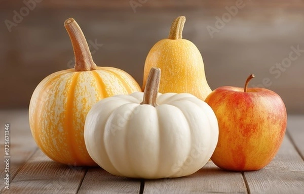 Fototapeta Autumn produce display with pumpkins, squash, and apples on wood