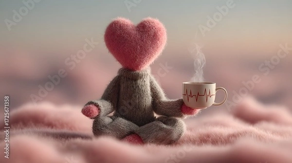 Fototapeta A red heart shaped like a human head. A figure with a body made of gray wool and a head in the shape of a pink heart sits cross-legged on a fluffy pink surface. A figurine with a heart-shaped head hol