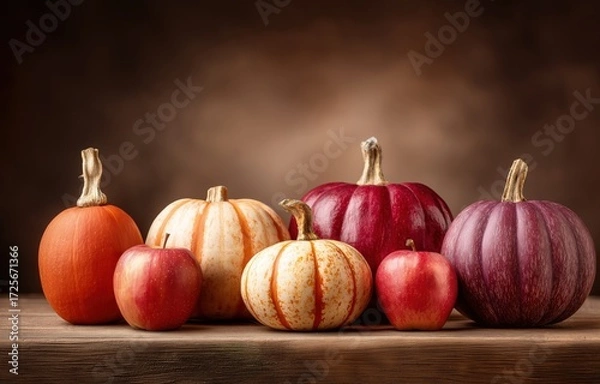Fototapeta Autumn harvest of pumpkins and apples on a rustic backdrop