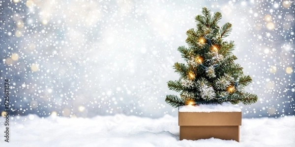 Fototapeta Snow globe showcasing a Christmas tree surrounded by snow against a backdrop of blurred holiday lights