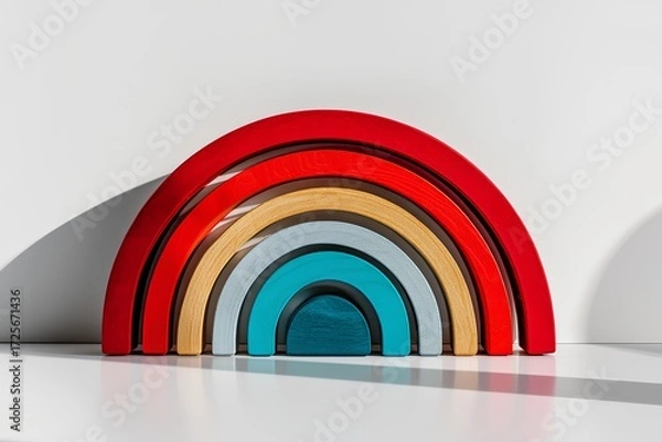 Fototapeta Colorful wooden children's toy rainbow stacker arranged on a bright surface, showcasing vibrant hues and smooth textures, perfect for imaginative play and educational development