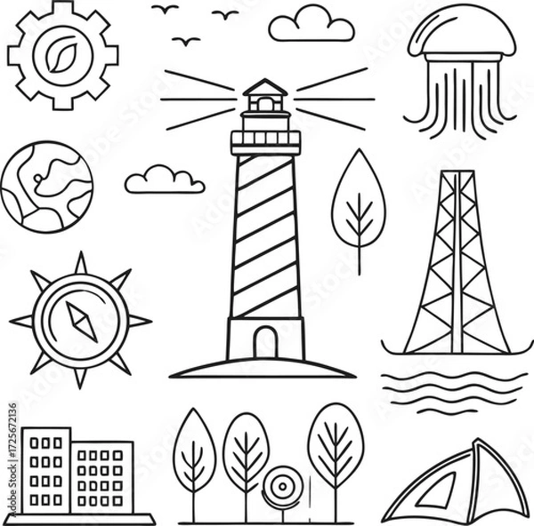 Fototapeta Coastal icons collection, beacon of hope, sustainable energy, nature exploration, travel adventures, and exploration in simple line art style design
