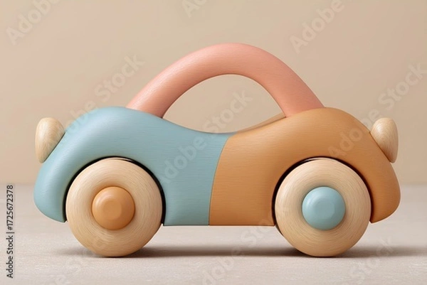 Fototapeta Wooden children's toy car in soft pastel colors, featuring rounded shapes and smooth textures, designed for imaginative play and early motor skill development