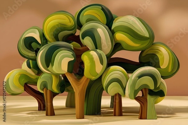 Fototapeta Playful wooden children's toy trees with green finishes, designed to inspire creativity, pretend play, and developmental learning.