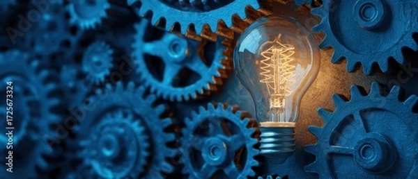 Fototapeta The Lightbulb Among Blue Gears Symbolizing Innovation And Mechanical Thinking