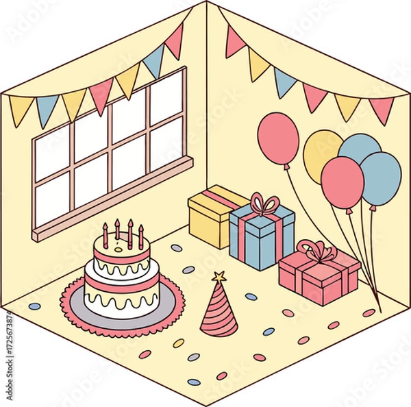 Fototapeta Celebrate happy birthday with festive decorations and cake, creating joyful memories for a special day, a cute party illustration for cards and designs