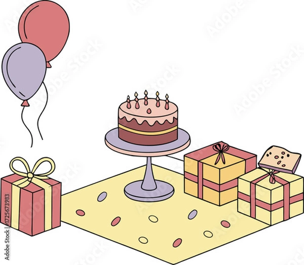 Fototapeta Celebrate a special occasion with cake, gifts, and balloons! Perfect for birthdays, anniversaries, or any joyful celebration. Add some fun to your design today!