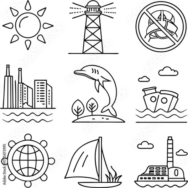Fototapeta Nautical icons for ocean conservation, marine life and travel adventures. Perfect for logos, branding, and creating an eco-friendly message about the sea